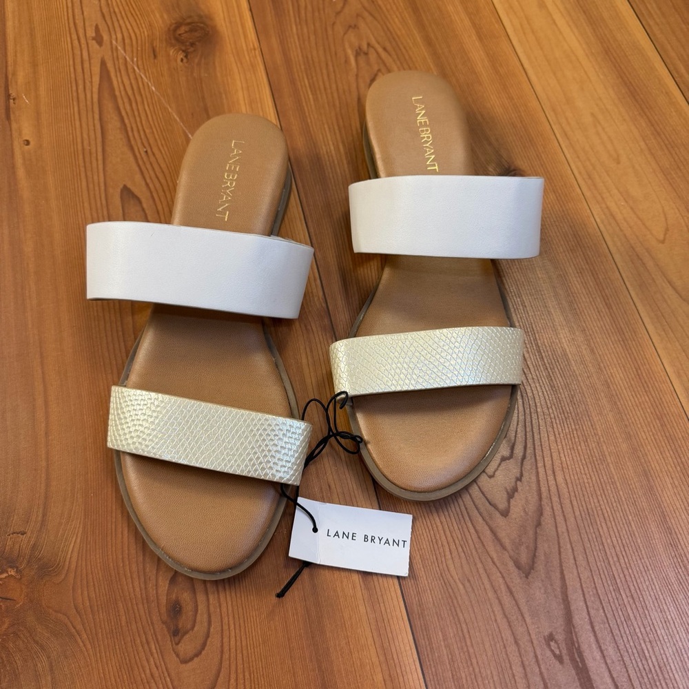 Lane Bryant Women’s Metallic Double Strap Flat Sandals 9W Wide Width Gold White